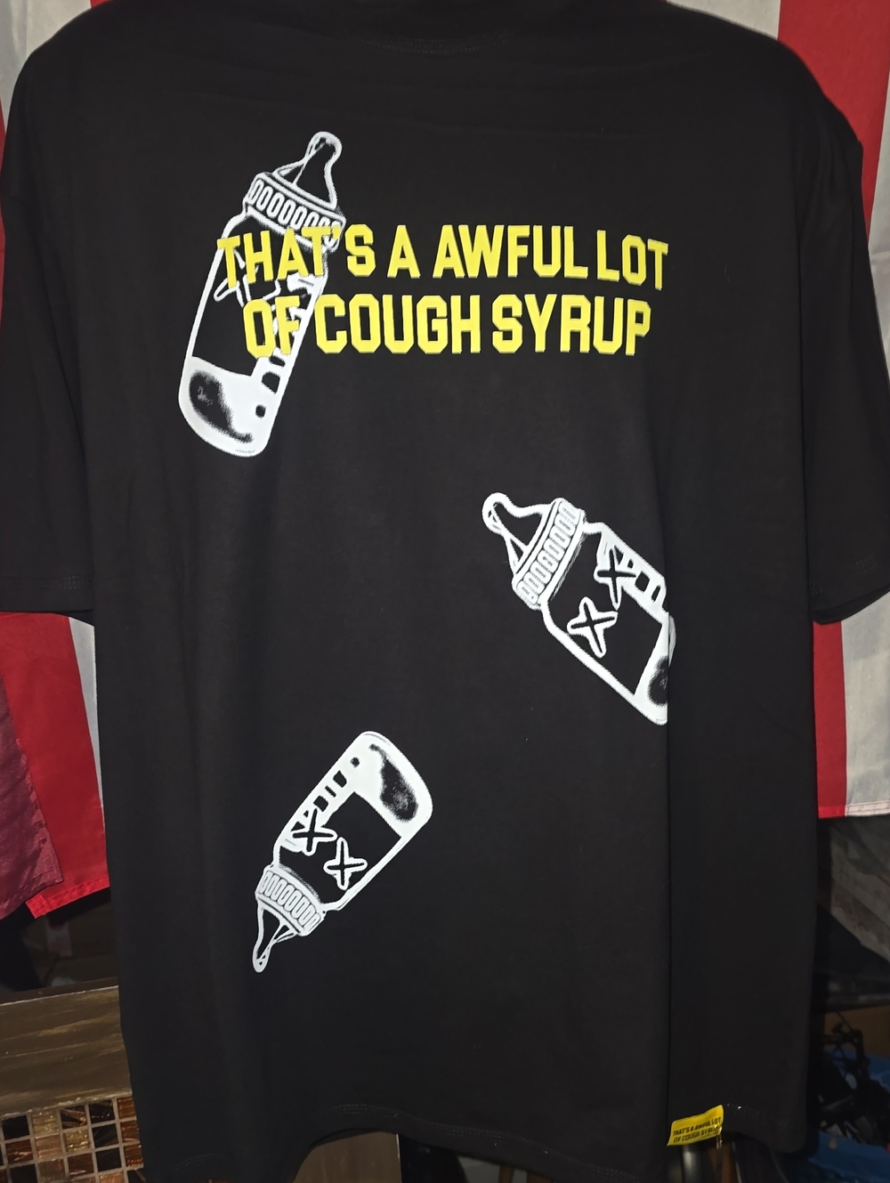 Black Short Sleeve Graphic Tee with Yellow Text